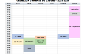 Créneau Horaire entrainement Gymnase de Cadenet 2023-2024